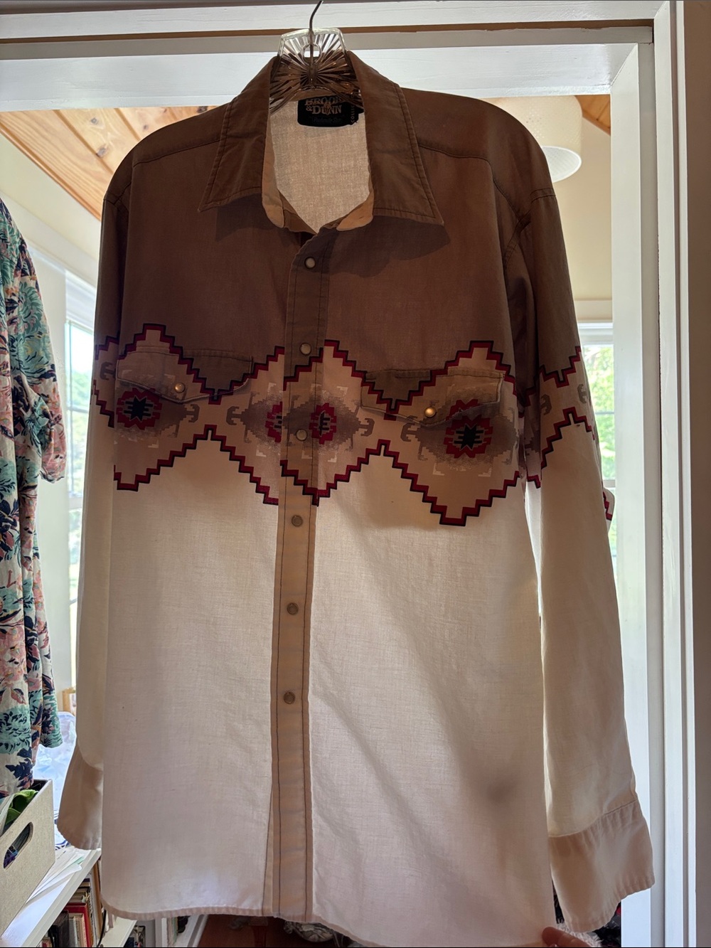 Men's Brown and Cream Western Shirt with Geometric Print